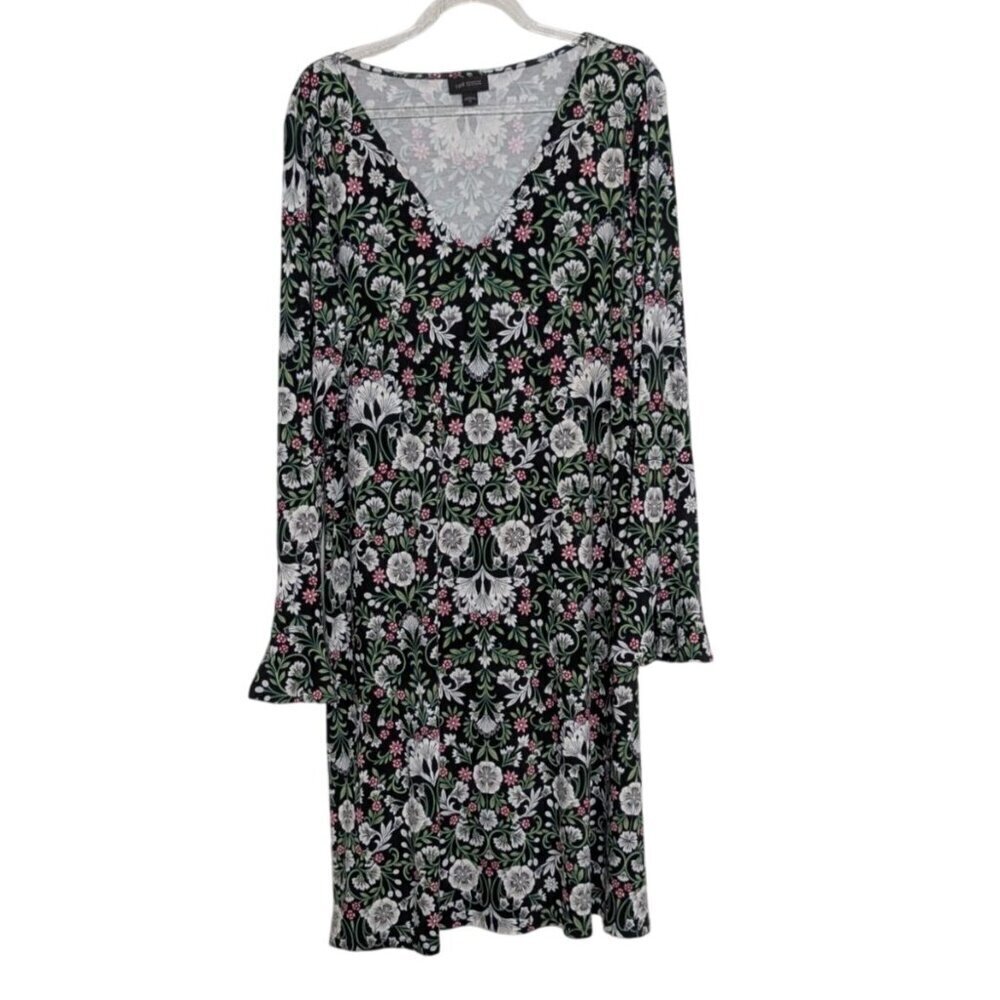 J Jill Wearever Collection Floral Dress Womens Size Medium Black Bell Sleeve